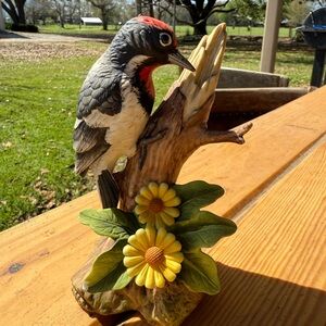 Vintage Downy Woodpecker by Andrea 9386 Figurine with Yellow Flowers